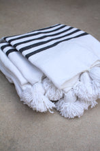 Pom Pom Blanket - White/Black Stripe