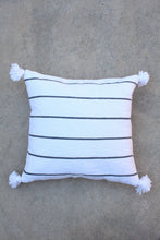 Pom Pom Pillow Cover - White Cotton with Charcoal Stripe