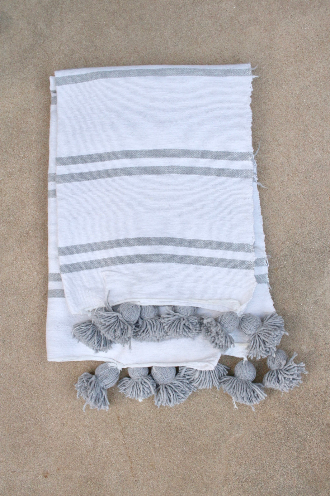 Pom Pom Blanket - White with Grey Stripe